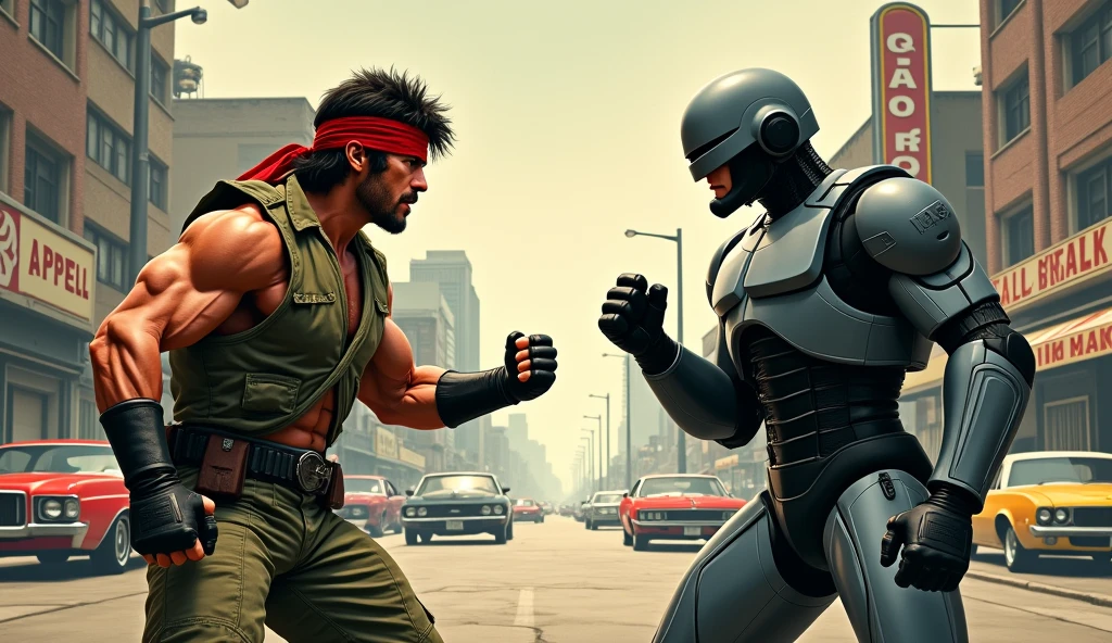 Illustrate Sylvester Stallone as Rambo, in his iconic camouflage and red headband, in a dynamic fighting stance. Across from him, position Robocop in his sleek armor. Set the scene with 1960s elements like vintage cars and retro buildings. Use a muted color palette to evoke the era. Place the title "Rambo vs Robocop" at the top and "1960s" below in a vintage-style font.