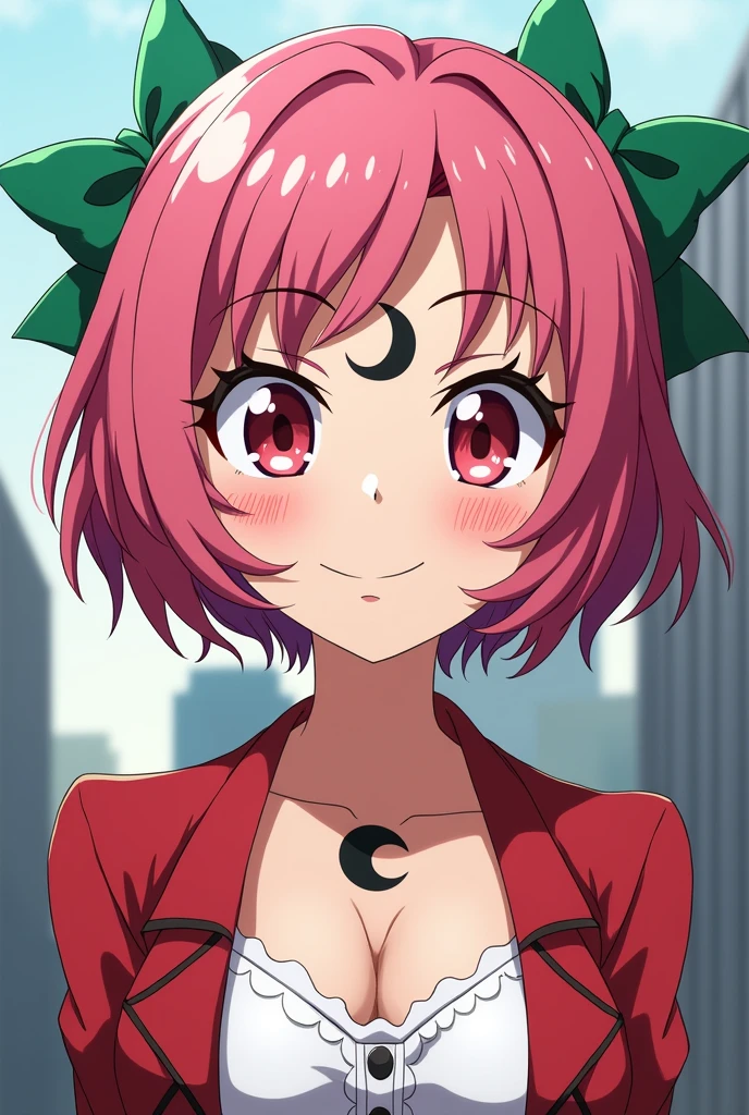 A character from the anime Boku no hero academy who has the following short pink hair , who has two green bows in her hair. The character has red eyes . On her forehead she has a black crescent moon symbol and she is chubby..