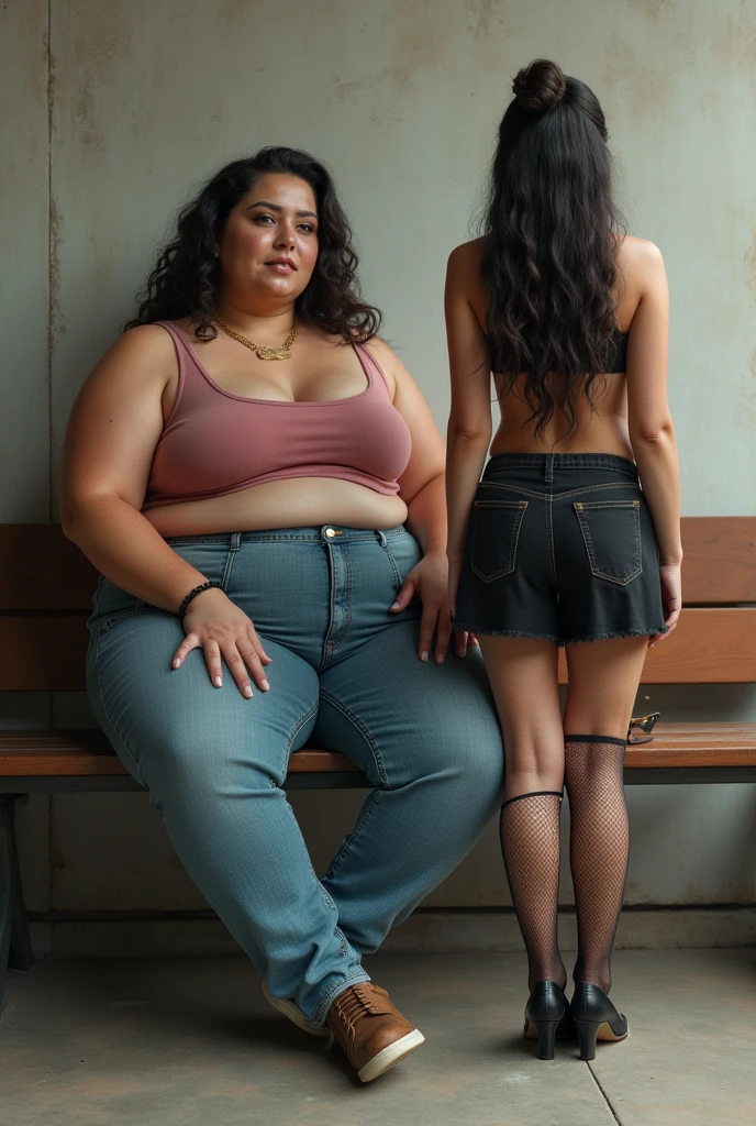 Big ass girl in pants sitting ina bench wearing pants as top as her can back view slim girl

