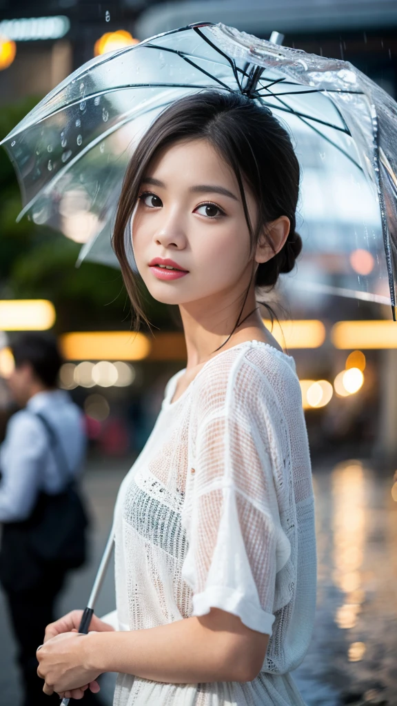 top-quality、uhd、(1girl in), masutepiece, Photorealistic, 8k, (Realistic: 1.2), Bust up images、Gazing at the rainy harbor、holding an umbrella in your hand、it's raining、Gloomy sky、