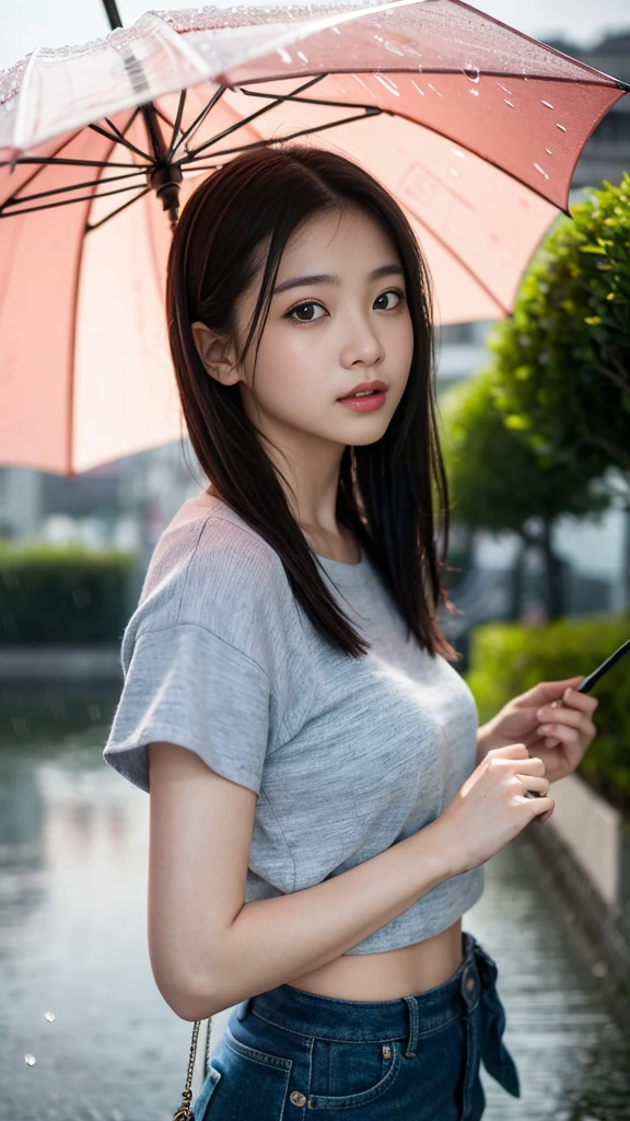 top-quality、uhd、(1girl in), masutepiece, Photorealistic, 8k, (Realistic: 1.2), Bust up images、Gazing at the rainy harbor、holding an umbrella in your hand、it's raining、Gloomy sky、