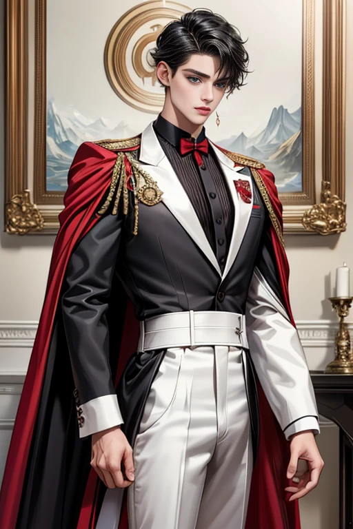 masterpiece, 最high quality, high quality, 1 boy, alone, Male focus, Watching the audience, Messy black hair, Adorable big blue eyes, White people, Noble, Noble,Sexy voluminous black and red cape、Tuxedo、A very voluminous, large, very large, very large, long, long red and black cape with a high stand-up collar, reaching down to the floor, made of a lot of fabric., ,Cute beautiful boys,Cute, cute, kind, handsome guy