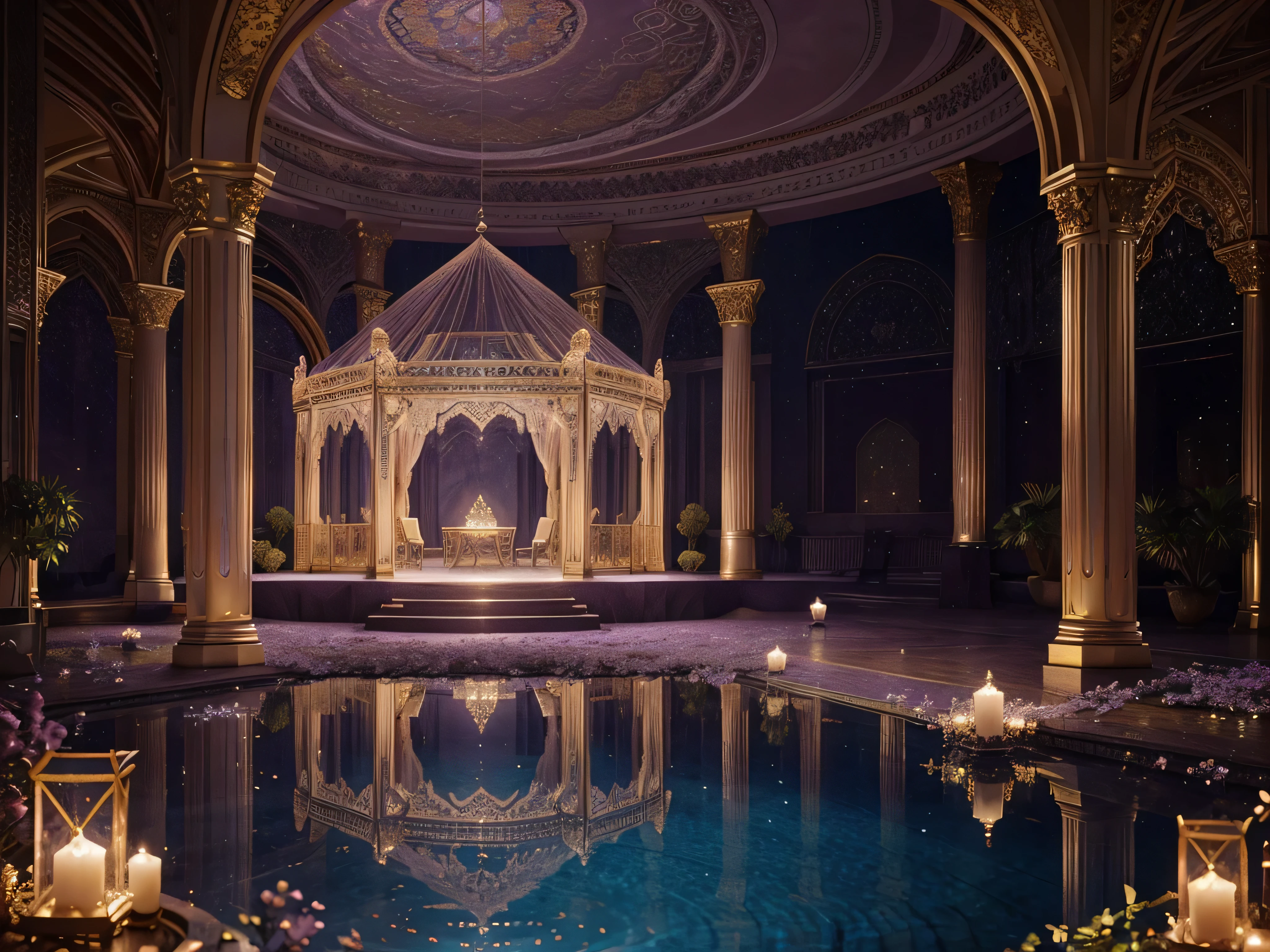 In a dreamy mauve-tinted ai simulation, an opulent palace emerges, adorned with intricate golden filigree and cascading velvet drapes. This photograph captures a surreal, otherworldly scene, where holographic butterflies flutter around a crystal-clear pool reflecting the shimmering lights above. The level of detail in this digital artwork is astonishing, with each luxurious element meticulously crafted to evoke a sense of awe and wonder.