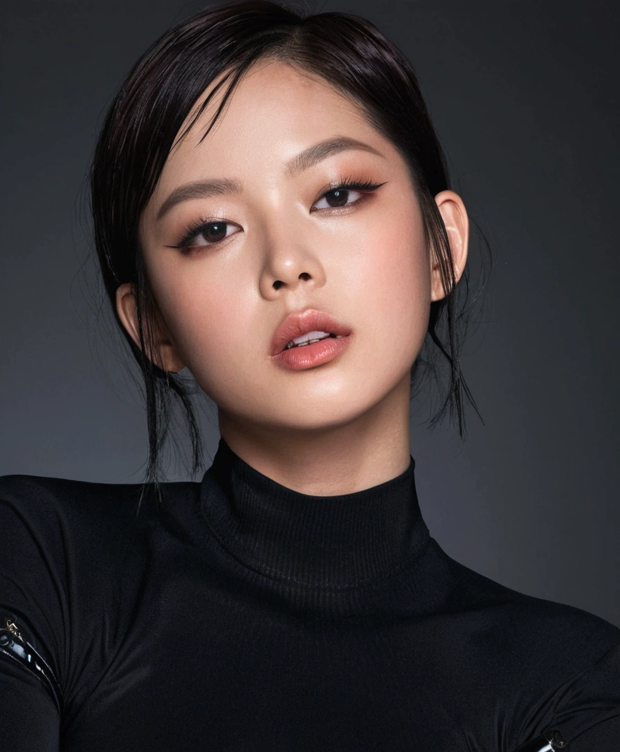 Extremely detailed, very sharp, best quality, female, Sophie Thatcher face, black rider latex suit, tall and lean body, harness, night, night street, lights, very short black haircut, light makeup, pauldrons, holster,Blackpink jennie, Long hair