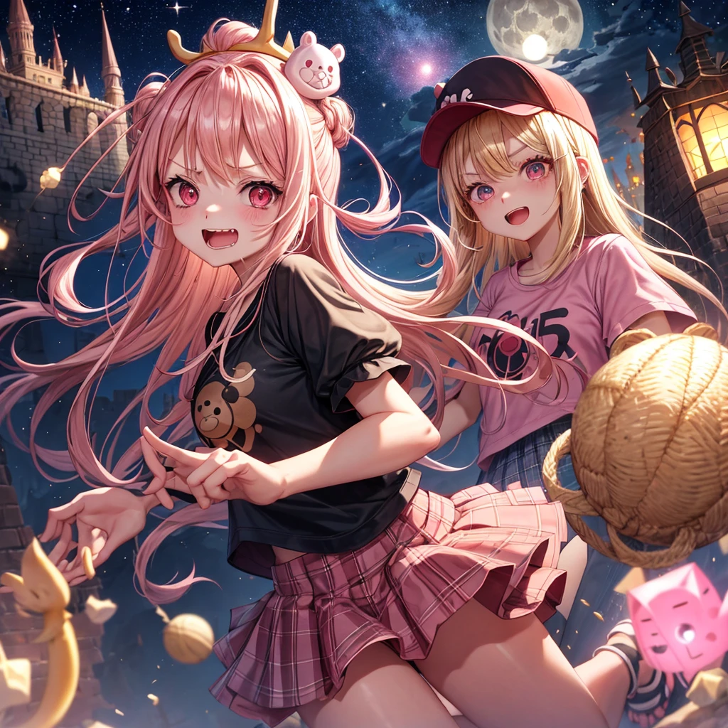 Pink Blonde、Red eyes、Hair tied up、One cute girl、solo、And soul、Light clothing、Checked mini skirt、black t-shirts、one piece、bear ears baseball cap、frilled lizard、large tree、Thundercloud、Burning Full Moon、desert、Stones are piled up、Teeth are visible、Fortress City、Tilting face、Starry Sky、firework