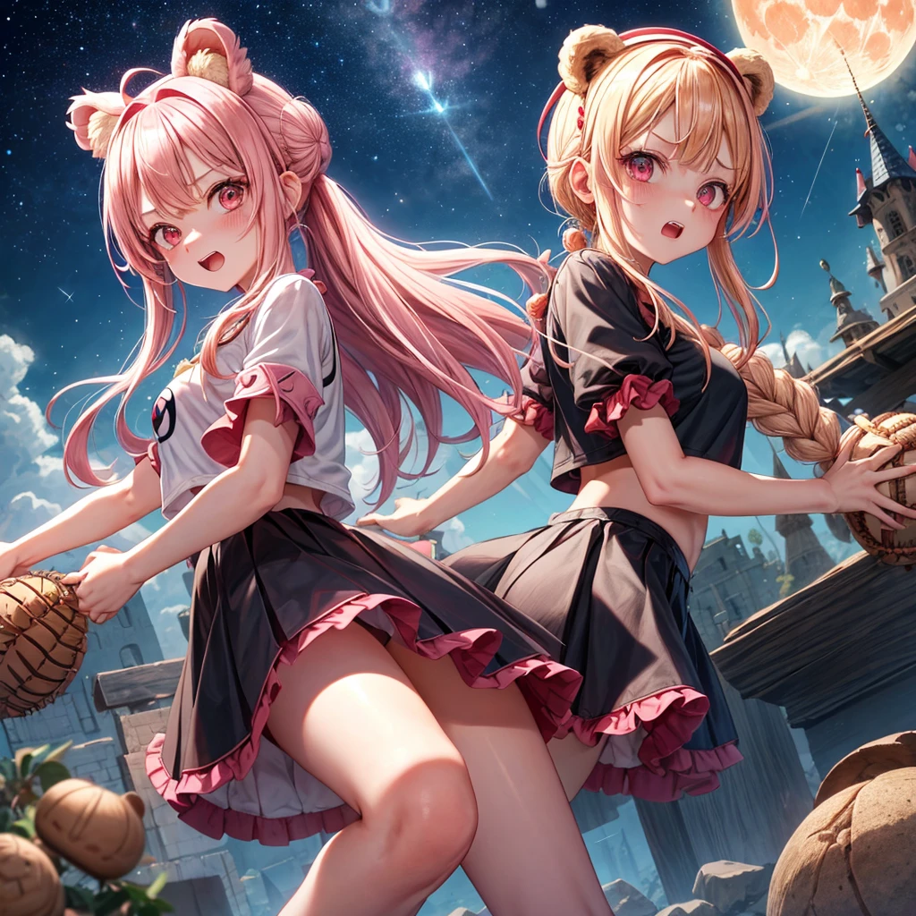 Pink Blonde、Red eyes、Hair tied up、One cute girl、solo、And soul、Light clothing、Checked mini skirt、black t-shirts、one piece、bear ears baseball cap、frilled lizard、large tree、Thundercloud、Burning Full Moon、desert、Stones are piled up、Teeth are visible、Fortress City、Tilting face、Starry Sky、firework