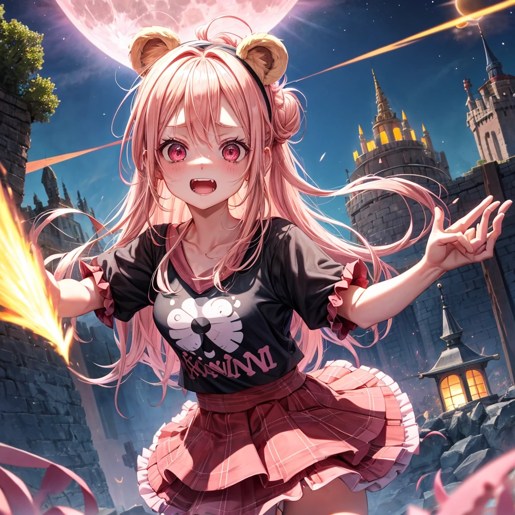 Pink Blonde、Red eyes、Hair tied up、One cute girl、solo、And soul、Light clothing、Checked mini skirt、black t-shirts、one piece、bear ears baseball cap、frilled lizard、large tree、Thundercloud、Burning Full Moon、desert、Stones are piled up、Teeth are visible、Fortress City、Tilting face、Starry Sky、firework