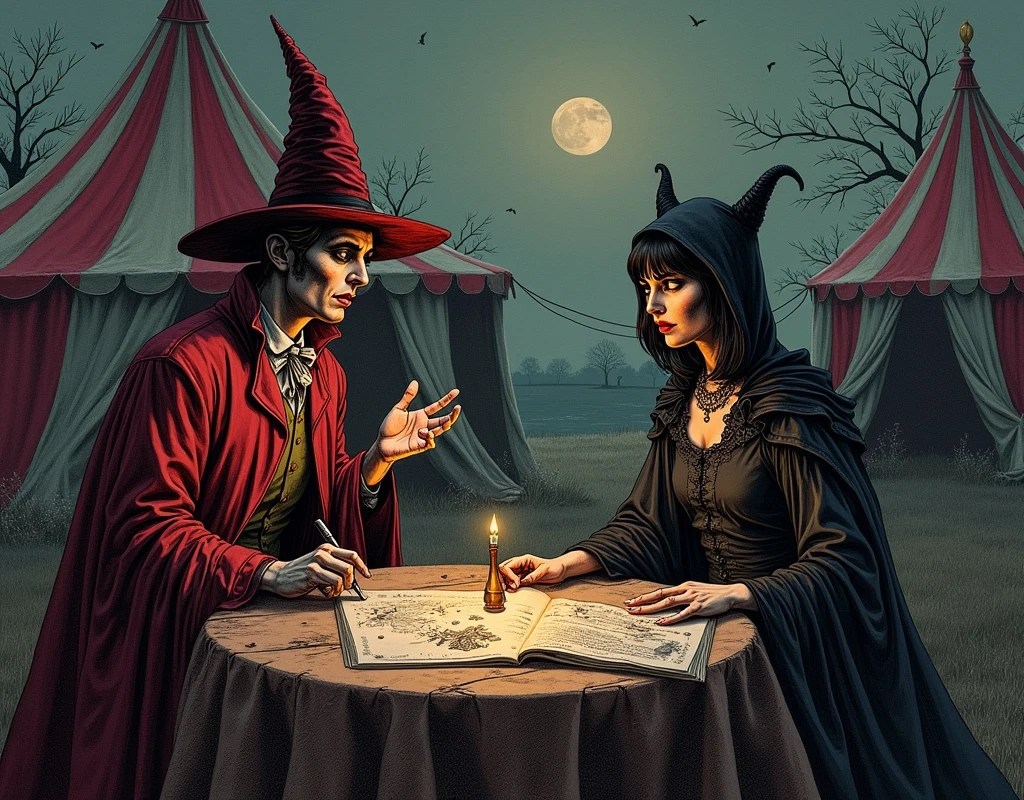 illustrations, engravings, etchings, One All Saints' Day, at dusk, you are invited to a strange circus tent, where a mysterious female fortune teller speaks to you of the bad omen that will befall you.