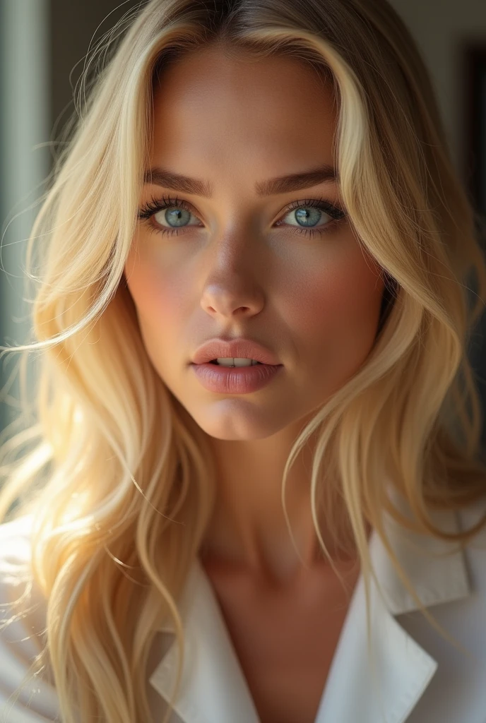 a beautiful detailed portrait of a blonde woman with blue eyes, long hair, wearing professional cosmetic artist attire, disney art style, extremely detailed face and eyes, flawless skin, warm lighting, vibrant colors, cinematic composition, masterpiece, 8k, disney art
