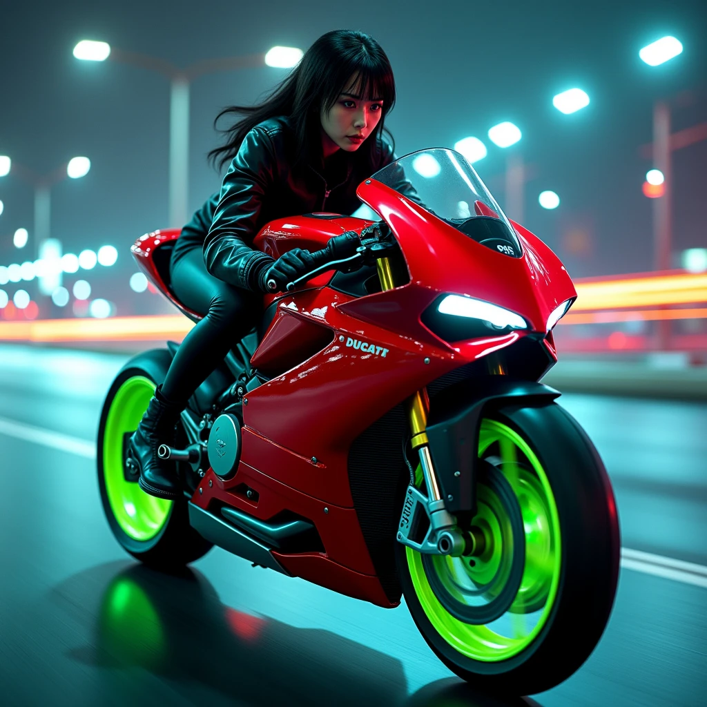 photorealistic image of stunning, beautiful japanese girl riding a powerful futuristic crimson and black Ducati sports motorcycle with a fairing at speed, neon green wheel rims, riding fast, on a futuristic cyberpunk highway at night, face in sharp focus, detailed face, detailed eyes, perfect hands, High Detail, Perfect Composition, dramatic lighting, high contrast, motion blur of the background, neon lights, bokeh