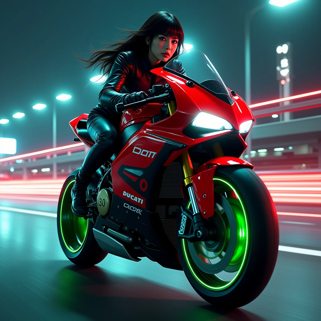 photorealistic image of stunning, beautiful japanese girl riding a powerful futuristic crimson and black Ducati sports motorcycle with a fairing at speed, neon green wheel rims, riding fast, on a futuristic cyberpunk highway at night, face in sharp focus, detailed face, detailed eyes, perfect hands, High Detail, Perfect Composition, dramatic lighting, high contrast, motion blur of the background, neon lights, bokeh