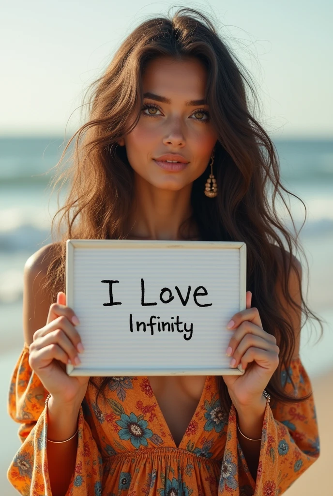 Beautiful girl with wavy long hair, bohemian dress, holding a white board with text "I Love Seaart Infinity" and showing it to the viewer