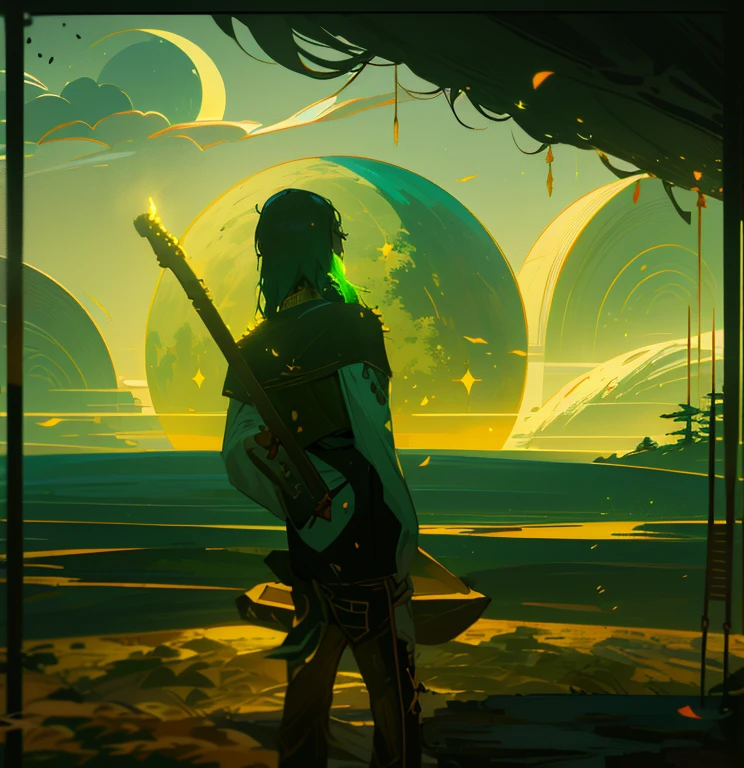 ''Facing the boundless unknown, all souls must resolve their questions in life and break free from the machinations of heaven. Obtain the path of life and walk the path of the true dao! ” in an taoist stylel, high-detailed English font that exudes ancient daoist vibe. Surround the text with some flying white crane, creating a breathtaking scene that captures an Immortal taoist meditating with mountains background. fog, clouds, with a big tree, with a temple, with a big tree, hyper-realistic, hyper-realistic, photorealistic, cinematic, high resolution, film light, dynamic lighting, masterpiece, movie style, RAW photo
in yellow, black,metallic,white, green, neon, sparkles,smoke,planet
,Cultivation,photo r3al,scenery,on top of a hill and looks at the lights of a city and a big moon rises in the background. cinematic, moonlight, night,