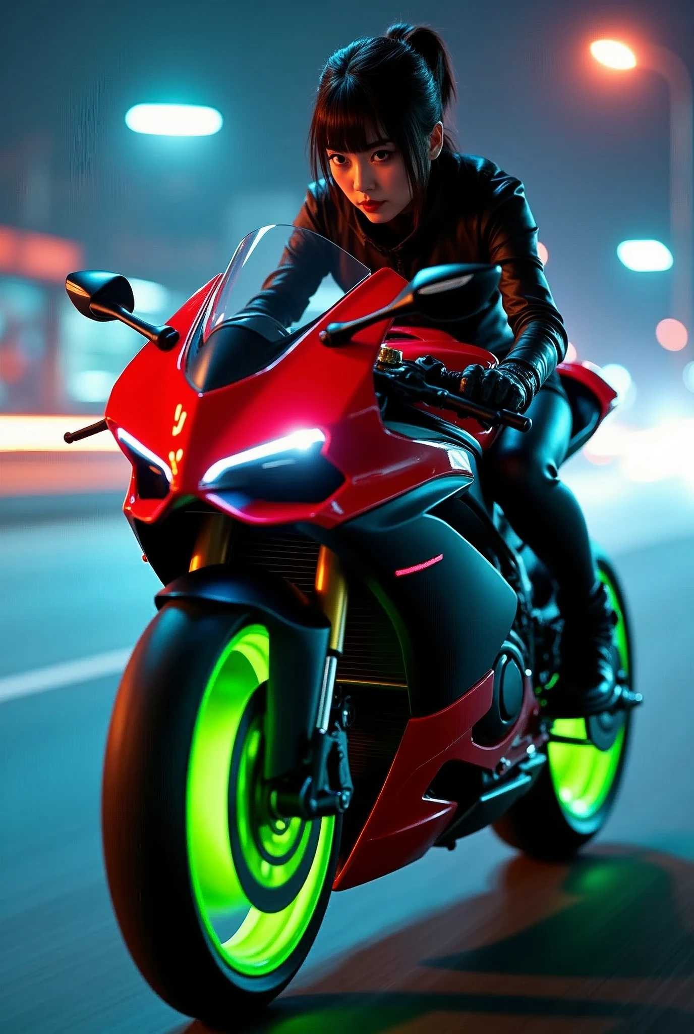 photorealistic image of stunning, beautiful japanese girl riding a powerful futuristic crimson and black Ducati sports motorcycle with a fairing at speed, neon green wheel rims, riding fast, on a futuristic cyberpunk highway at night, face in sharp focus, detailed face, detailed eyes, perfect hands, High Detail, Perfect Composition, dramatic lighting, high contrast, motion blur of the background, neon lights, bokeh