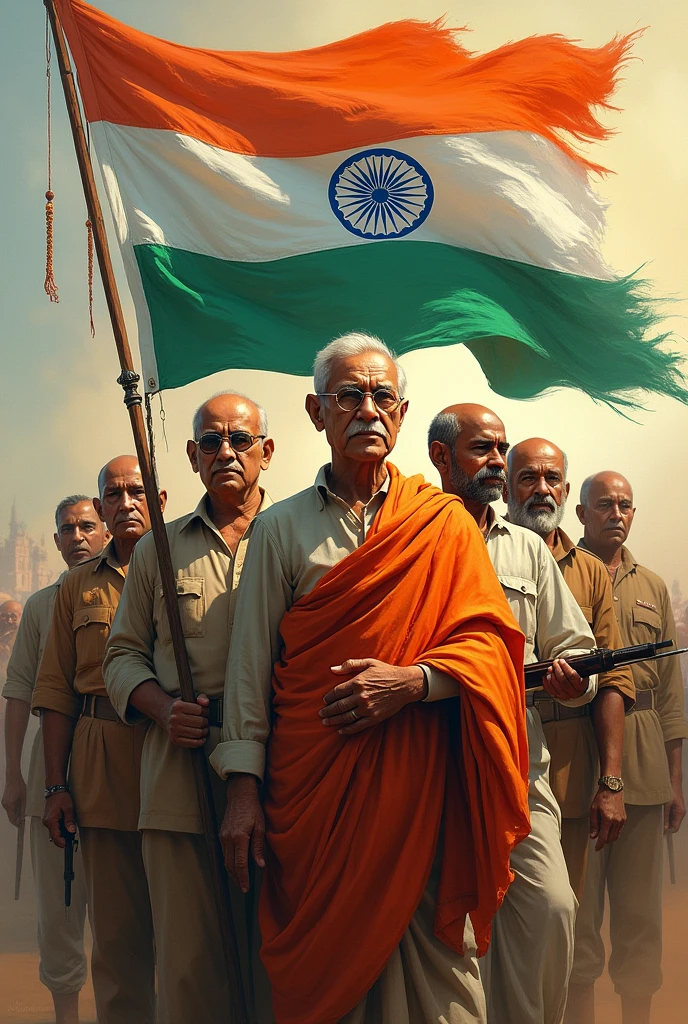 Indian freedom fighters with the honour of indian flag , Mahatma Gandhi, Bhagat Singh, Subhas Chandra bose, bal gangadhar tilak,  veer savarkar, dr. Bheemrao ambedkar, chandrashekhar aajad, Mohandas Karamchand 'Mahatma' Gandhi.
Dr. B. R. Ambedkar.
Dr. Rajendra Prasad.
Sardar Vallabhbhai Patel.
Jawaharlal Nehru.
Bhagat Singh.
Pingali Venkayya.
Chandra Shekhar Azad.
