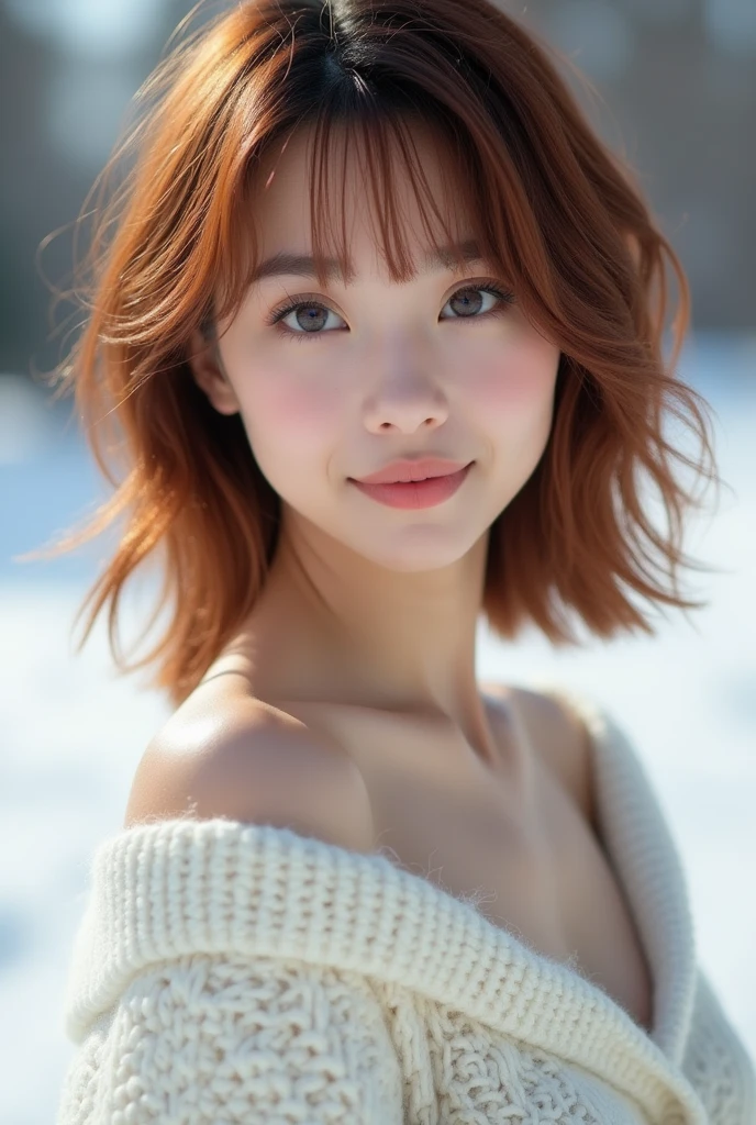 Beautiful white and shining skin、Chestnut-colored hair that changes with the light、Long bangs between the eyes that block vision、Cheek gloss highlighter、Sexy and very beautiful、Nice gorgeous face、The most beautiful face in the world、Short Bob、Smooth straight hair、Medium chest、Beautiful breasts、Cleavage、Big, bright eyes、Beautiful Bangs、Beautiful and beautiful woman、Small Face Beauty、Golden Ratio、Natural smile、A loose white wool sweater、Off the shoulder、Tight mini skirt、Black thick pantyhose、Snow Boots、Snow boots、Full Body Shot、Beautiful thighs、Snow Scene、