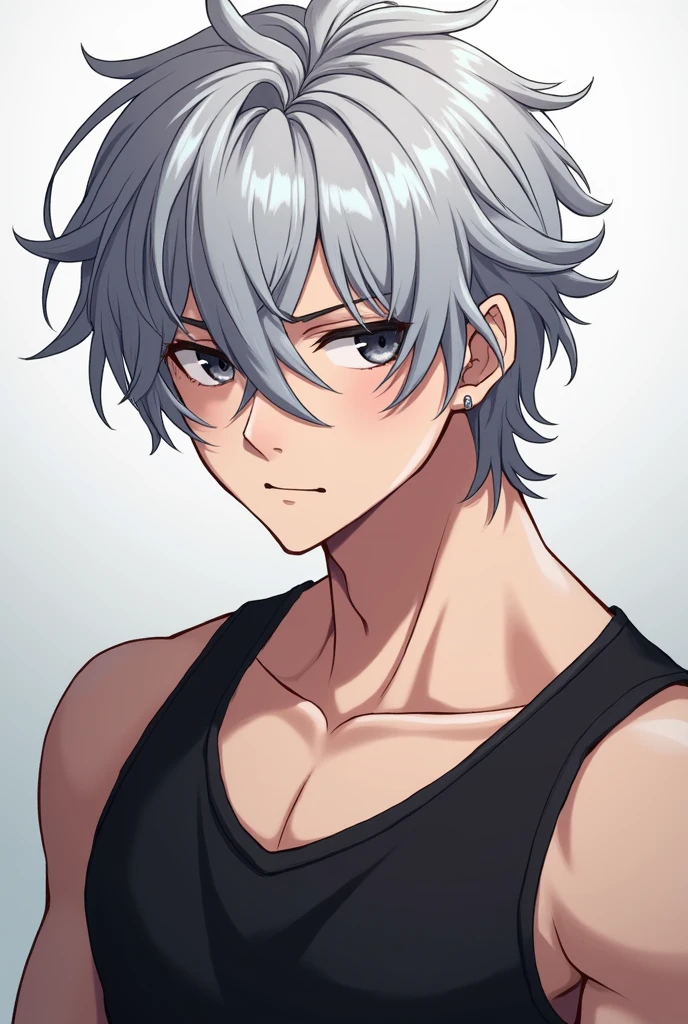 Extremely Handsome boy with silver hair, muscular handsome body, beautiful black eyes and ear piercing in anime image