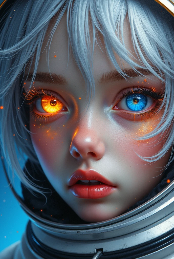 (Close-up of a better masterpiece:1.5)0.9], (Space and astronauts:1.2) (Messy silver hair:1.1) (Heterochromia xanthochromia and blue eyes:1.2) (Space Helmet:1.0) (Colored stars in the eyes:1.0) (A radiant glow:1.1) (thick lips:0.9)