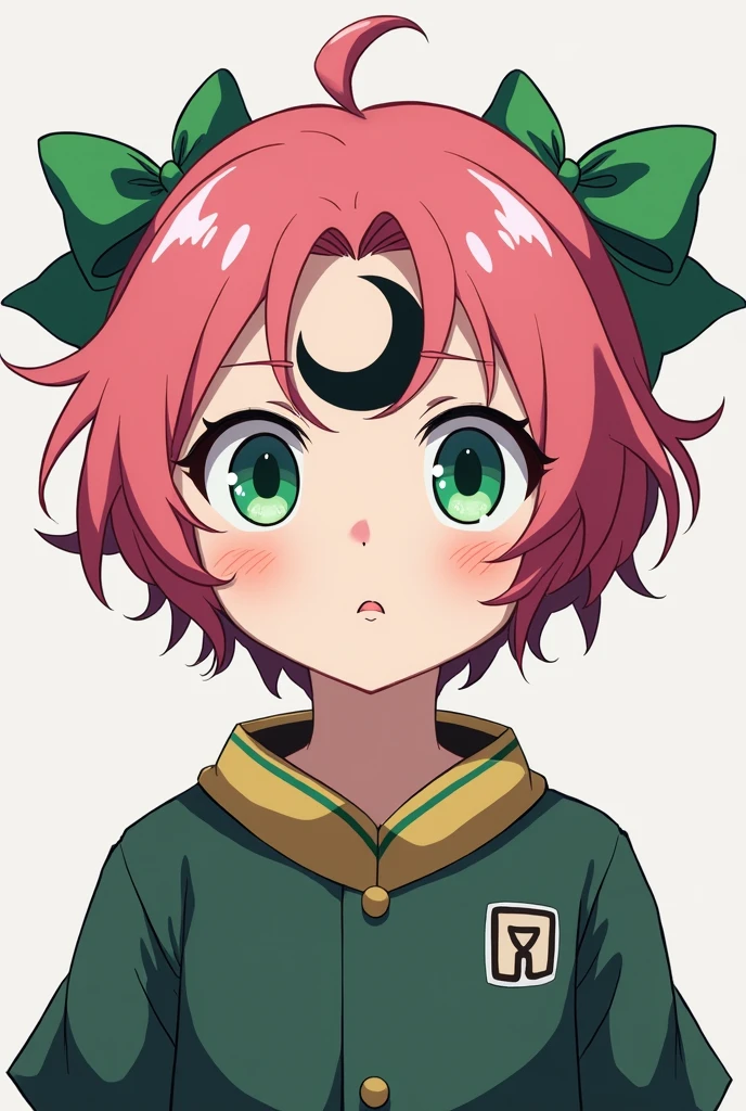 A male character from the anime Boku no hero academy who has the following short pink hair , who has two green bows in her hair. The character has green eyes .  On her forehead she has a black crescent moon symbol and she is chubby..

