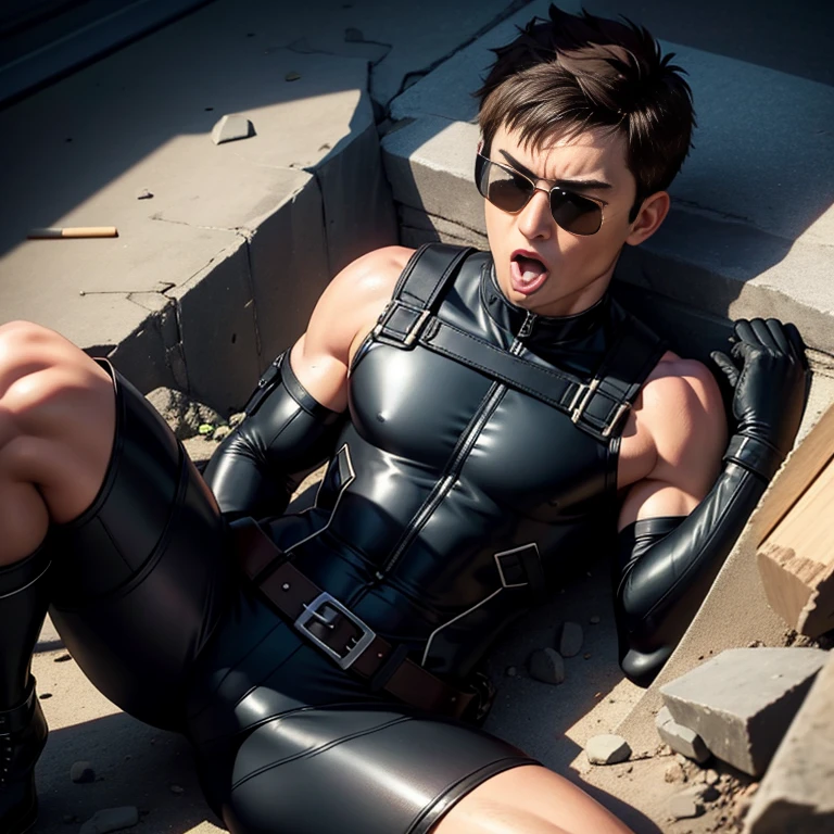40 years old,One Man,、Black bodysuit、Shocker Belt、Black gloves、Black boots、explosion、On the road、On the rubble、logic,Gay ,Brown Hair、Short Hair。かなり短いShort Hair、Handsome Fighter Sleeping with legs open in an M position、Open your mouth and stick out your tongue Scream、My stomach hurts and I feel sick、Lean back Black sunglasses