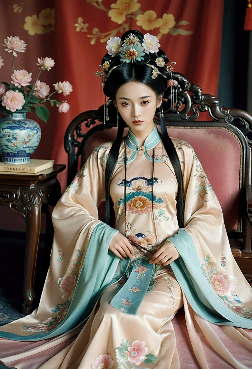 A gorgeous nude empress from the Chinese imperial court during the Qing dynasty. She sits on a sofa with her legs spread, her hair in double ponytails, wearing a gorgeous Chinese empress crown and a flower hairpin, and her hair is tied up and pulled up.