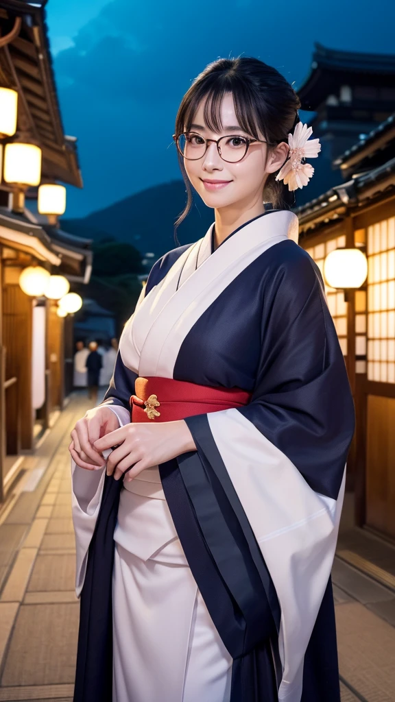 (Super beautiful woman in kimono)、((highest quality、8K masterpiece:1.3))、sharp focus:1.2、(super beautiful face:1.0)、(shiny skin:1.0)、realistic pictures、black hair、video lighting、High resolution eyes and face、video lighting、japanese actress、from the front、big breasts、with a happy smile、Slender abs beauty、whole body、wearing a kimono、in Kyoto、(((luxury obi)))、In Kyoto at night、wearing glasses with no edge、with a fan、Fireworks Display