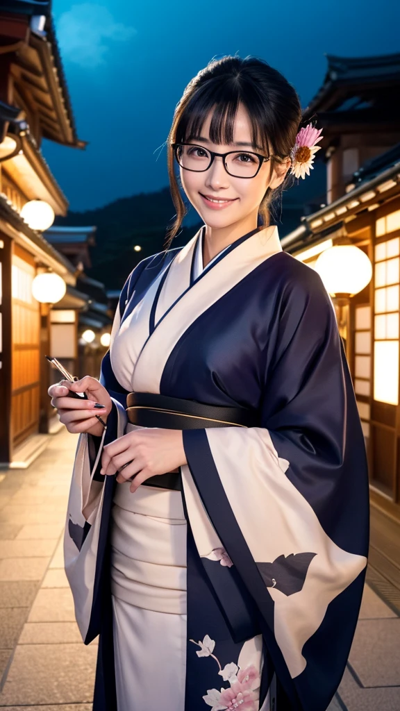 (Super beautiful woman in kimono)、((highest quality、8K masterpiece:1.3))、sharp focus:1.2、(super beautiful face:1.0)、(shiny skin:1.0)、realistic pictures、black hair、video lighting、High resolution eyes and face、video lighting、japanese actress、from the front、big breasts、with a happy smile、Slender abs beauty、whole body、wearing a kimono、in Kyoto、(((luxury obi)))、In Kyoto at night、wearing glasses with no edge、with a fan、Fireworks Display