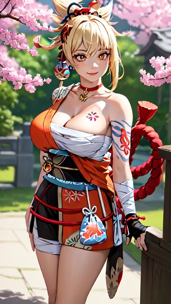 Masterpiece, masterful, high resolution, 1 female, Blonde hair, Medium hair, Asymmetrical hair, Floating hair, High ponytail, side locks, hair adornments, fish hair ornament, nipple tassels, Hairpin, bangs, orange eyes, Smile, choker necklace, red necklace, pendant choker, butterfly choker, clavicle, tattoo, chest tattoo, flower tattoo, cleavage, Huge breast, Thighs, bandages, bandaged leg, industry, Budget sarashi, Sarashi of the chest, black sash, Hadanugidosa, Hokisei, Japanese clothes, common, Wallet, obi, obiage, obijime, orange kimono, Wallet, patterned kimono, Cord, obi, shimenawa, Short kimono, bare shoulders, Genshin, east asian architecture, sakura, Single glove, Single fingerless gloves, arms cuffs,busty body, thick leg