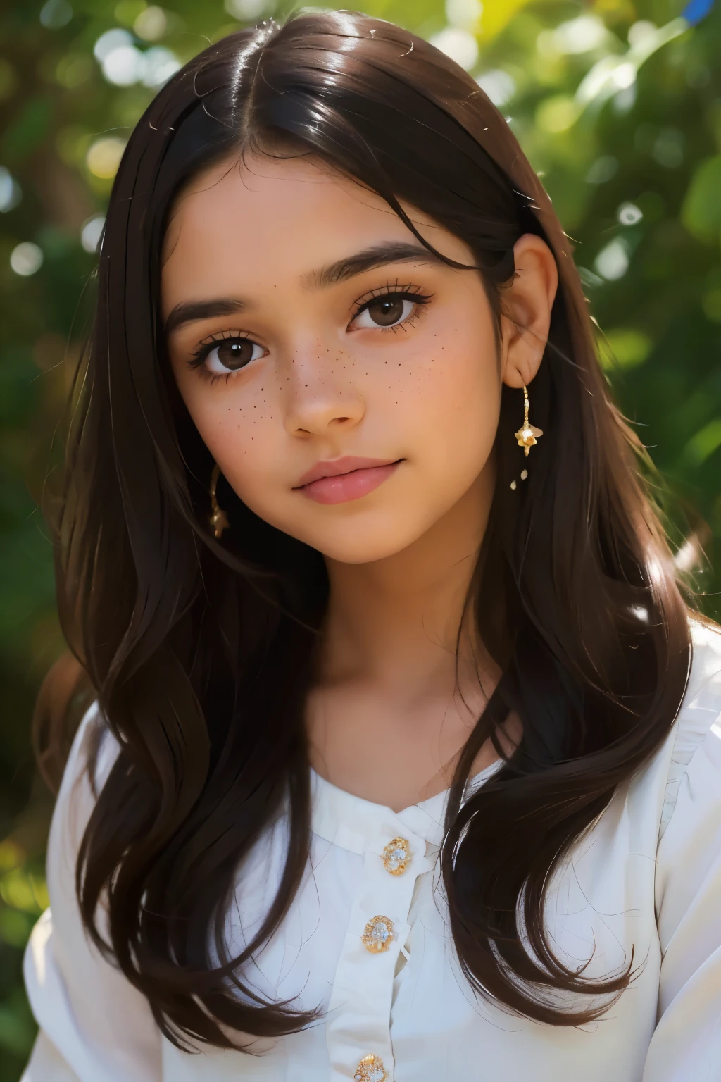 ((best quality)), ((masterpiece)), (detailed), beautiful young nine year old latina girl, perfect face, calm expression, soft expression, not fully smiling, (dark brown eyes), (black eyes), photorealistic, detailed long hair, perfect lighting, (young), delicate gentle, feminine, she is beautiful, she is calm, photorealistic image, detailed long hair, perfect lighting, (young), delicate, gentle, feminine, she is beautiful, she is calm, photorealistic image, long black hair, dark brown sheen, clear brown eyes, clear black eyes, light freckles across her cheeks, long wavy hair, long curly hair, realistic, (tanned white skin)