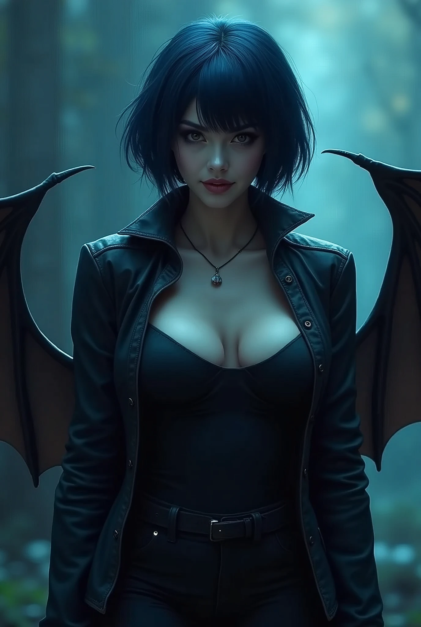 ((women))), (bat wings), (vampire), short hair, (((For the blue))), ((standing)), ((((face close up)))), ((jacket, Tight shirt)), evil smile and big breasts 