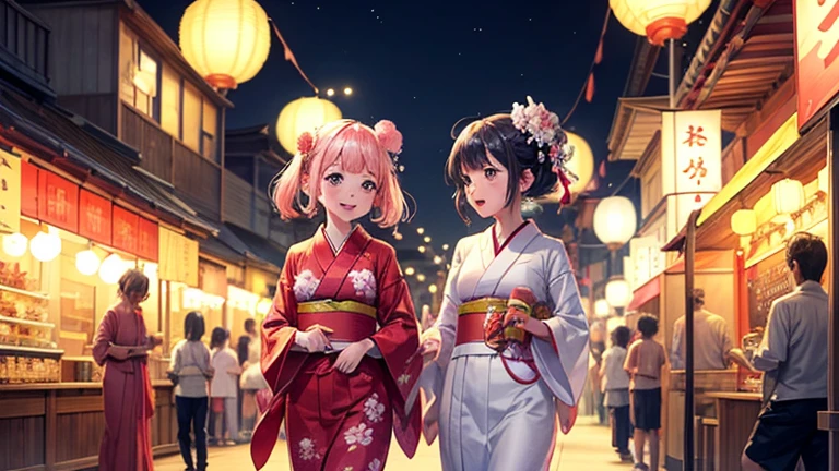 anime couple In kimono dress holding bamboo poles in a city, Tanabata Festival,80s anime style,Lofi,Japanese art style, Two beautiful anime girls, smile,Summer Festival Night, Kyoto Animation Style, pixiv Contest Winner, In kimono, In a Japanese town at night, In kimono, Anime-style illustrations, Happy!!!, Anime Style 4k, Anime Background, Twin tails, Anime Background art