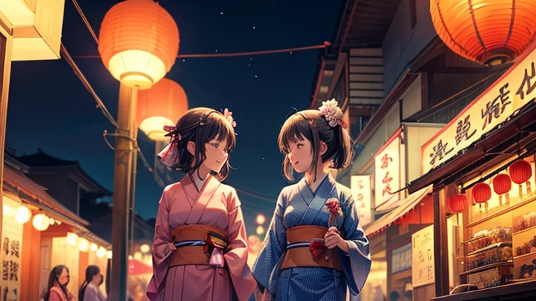 On the night of the summer festival、Please draw an illustration of two girls in yukatas walking with smiles and holding cotton candy.。In the background, there are food stalls and lanterns.、The atmosphere of a lively summer festival spreads。