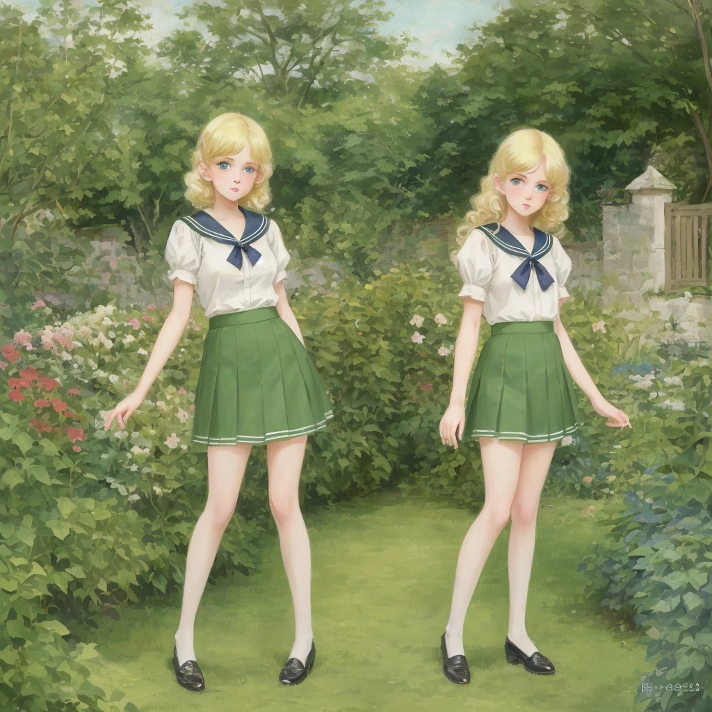 7 girls, long hair, Big , Blushing, blond, Green-eyed sailor suit short skirt 1933 style cute and beautiful girl 18 years old in the garden beautiful long legs high resolution, best quality, masterpiece, Lift skirt mini skirt