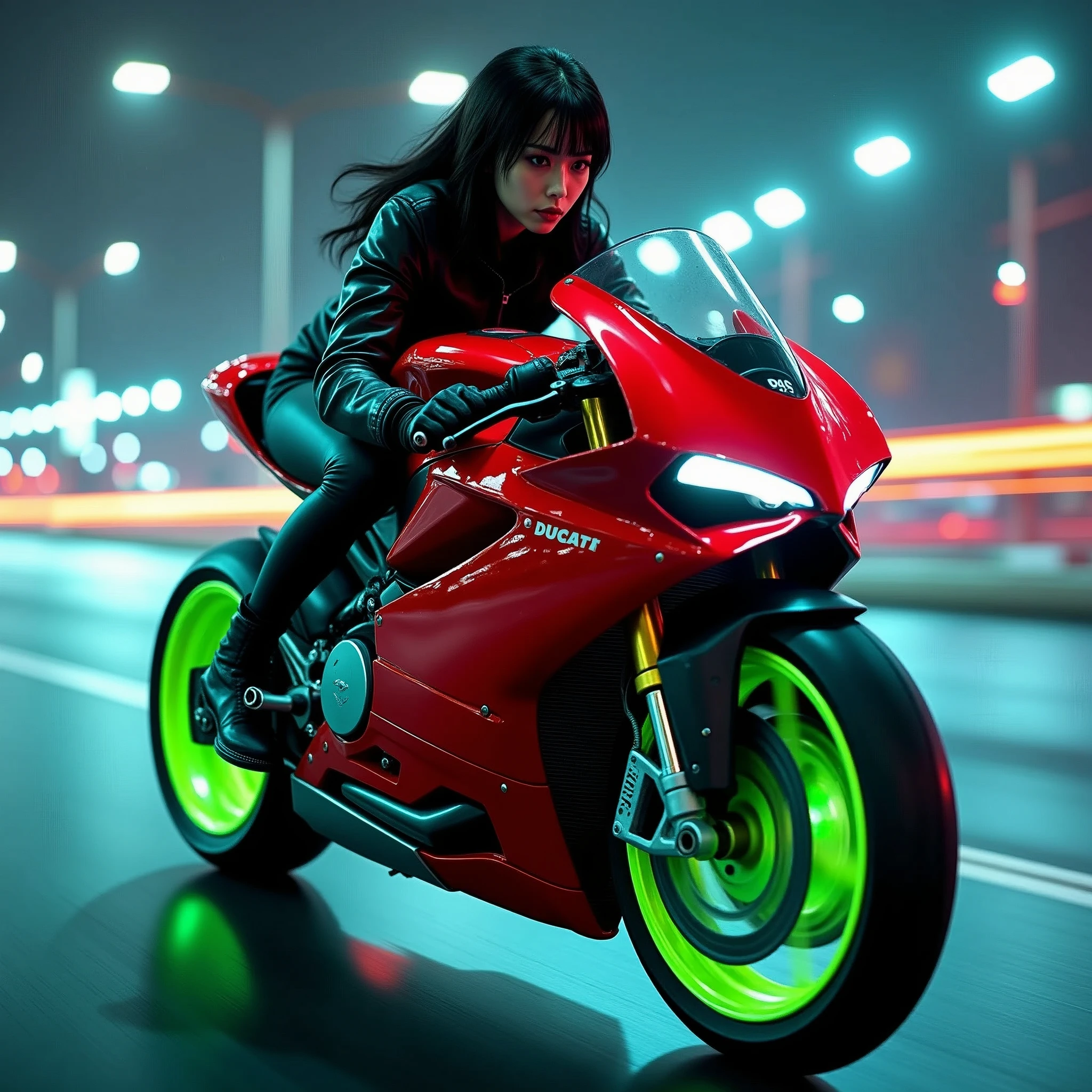 photorealistic image of stunning, beautiful japanese girl riding a powerful futuristic crimson and black Ducati sports motorcycle with a fairing at speed, neon green wheel rims, riding fast, on a futuristic cyberpunk highway at night, face in sharp focus, detailed face, detailed eyes, perfect hands, High Detail, Perfect Composition, dramatic lighting, high contrast, motion blur of the background, neon lights, bokeh