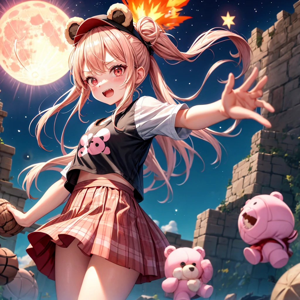 Pink Blonde、Red eyes、Hair tied up、One cute girl、solo、And soul、Light clothing、Checked mini skirt、black t-shirts、one piece、bear ears baseball cap、large tree、Thundercloud、Burning Full Moon、desert、Stones are piled up、Teeth are visible、Fortress City、Tilting face、Starry Sky、firework、A teddy bear is jumping