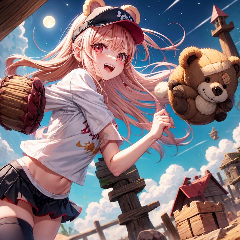 Pink Blonde、Red eyes、Hair tied up、One cute girl、solo、And soul、Light clothing、Checked mini skirt、black t-shirts、one piece、bear ears baseball cap、large tree、Thundercloud、Burning Full Moon、desert、Stones are piled up、Teeth are visible、Fortress City、Tilting face、Starry Sky、firework、A teddy bear is jumping