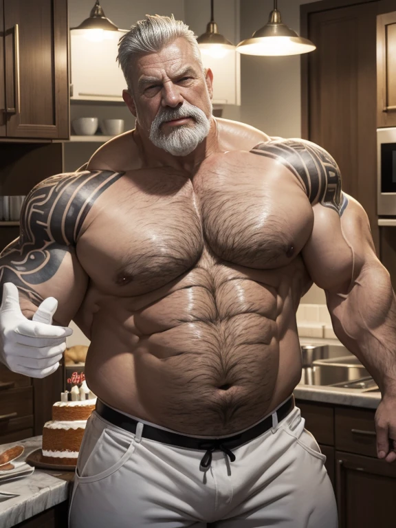 Hyperrealistic image of a very old and very sweaty superhero pastry chef with very gray hair., A bodybuilder over 80 years old., very muscular and fat, weighing more than 200 kilos, with bare torso, large and flaccid pectorals, tattoos, huge brown nipples, big grey whiskers, Dressed in white pants and in a kitchen in front of a birthday cake.