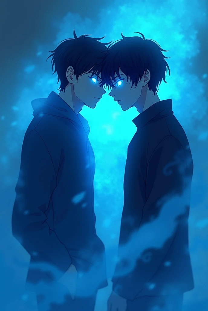 Anime Boys shadow with dark blue glowing eyes and blue mist
