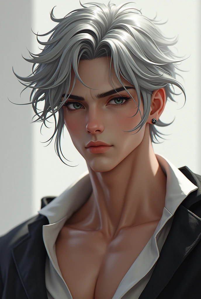 Extremely Handsome boy with silver hair, muscular handsome body, beautiful black eyes and ear piercing