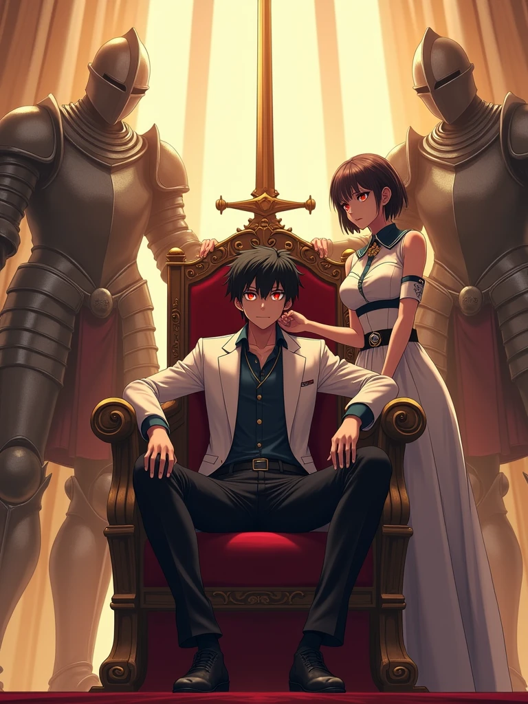 A teenage boy slouching back on the throne with wide spread legs and sitting like a king and with an arrogant attitude he has black hair and red glowing eyes wearing a school uniform and a white blazer with logo and a mature woman wearing a luxurious mediaeval dress stands next to him touching his shoulder as the center piece,  Giant full armoured dead knights surrounds the throne and  raise their giant swords above the throne and connecting, dreamy and ethereal, golden hour,high quality,anime, use animagine XL 3.1 model,