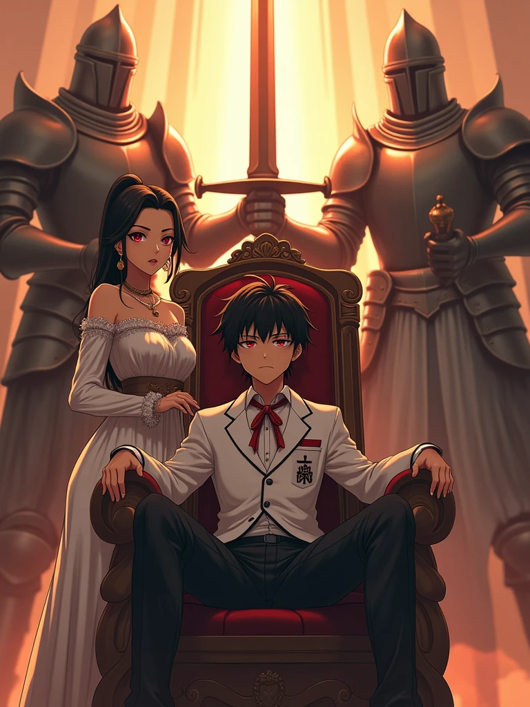 A teenage boy slouching back on the throne with wide spread legs and sitting like a king and with an arrogant attitude he has black hair and red glowing eyes wearing a school uniform and a white blazer with logo and a mature woman wearing a luxurious mediaeval dress stands next to him touching his shoulder as the center piece, Giant full armoured dead knights surrounds the throne and raise their giant swords above the throne and connecting, dreamy and ethereal, golden hour,high quality,anime, use animagine XL 3.1 model,