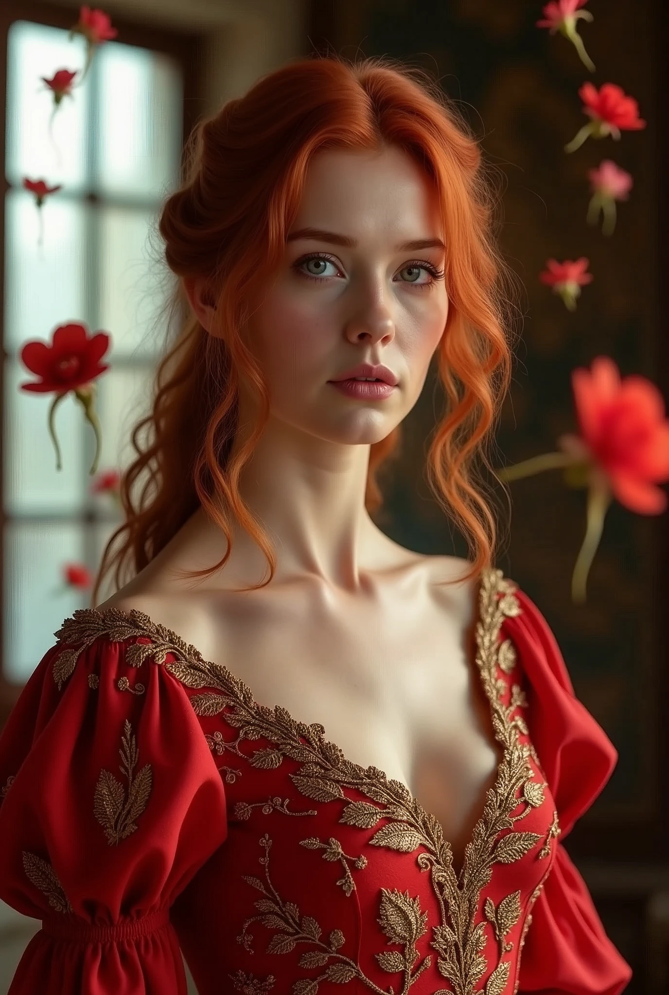 a woman with red hair and fair skin, wearing an ornate red dress adorned with gold leaf patterns and red flowers. She has a serious expression on her face, and her hair is styled in loose waves. The background suggests an interior setting with a window or doorway that lets in light, and there are blurred red flowers in the air around her, which may indicate movement or a decorative element. The focus is on the woman, and the overall impression is one of elegance and perhaps a narrative context implied by her attire and expression, retina, accurate, masterpiece, super detail, high details, best quality, award winning, highres, HD, 4K, 8k, 16k, retina, accurate, masterpiece, anatomically correct, textured skin, super detail, high quality, award winning, highres, 8k, 16k