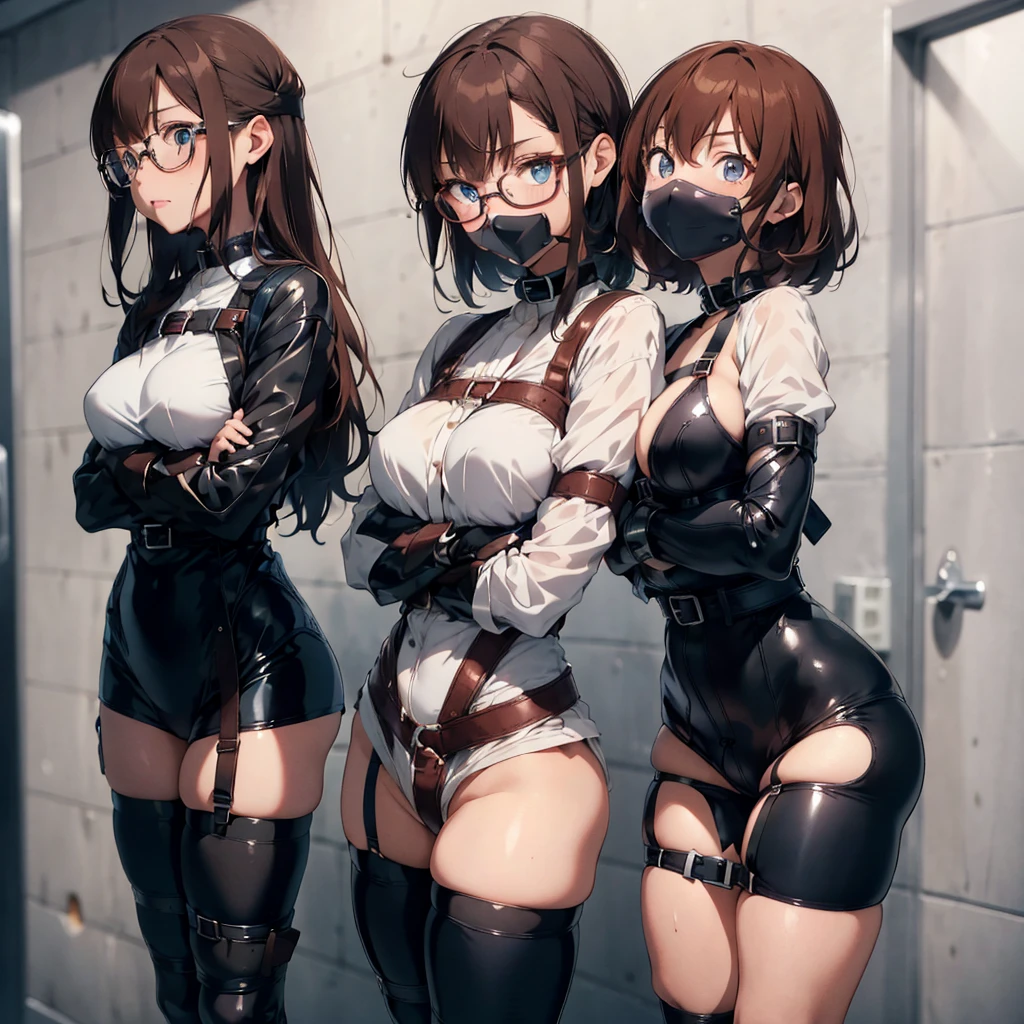 2girl, seductive eyes, blush, cute, blue eyes, brown hair, glasses, mouth gagged, straitjacket, gag, restrained, gagged, bound arms, bodysuit, bound legs, collar, arms behind back, bangs, belt, latex, bondage, bdsm, best quality, masterpiece, highres