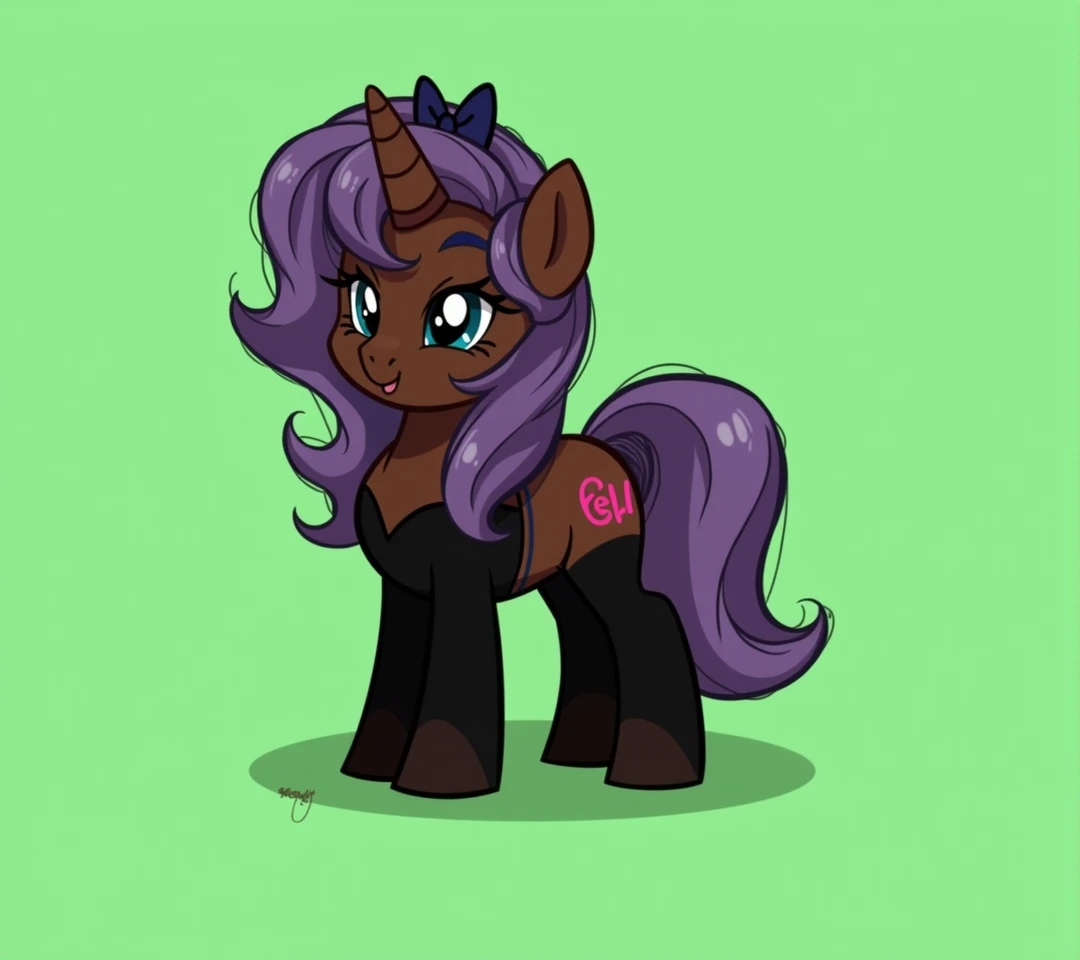 (My little pony), detailed face, black panties, purple hair, dark brown body, dark blue eyes, eyelids, eyeshadow, bow, big breasts, seductive face, detailed, stockings, text "Белла"