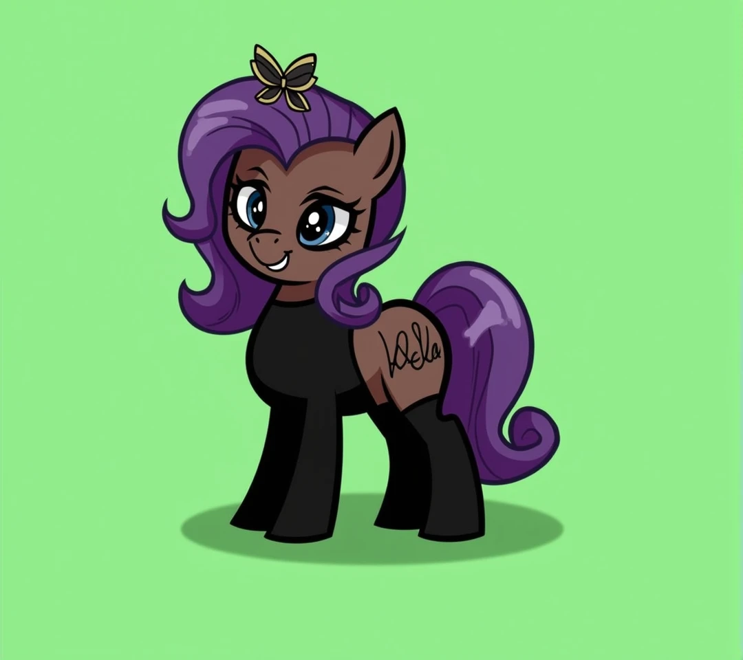 (My little pony), detailed face, black panties, purple hair, dark brown body, dark blue eyes, eyelids, eyeshadow, bow, big breasts, seductive face, detailed, stockings, text "Белла"