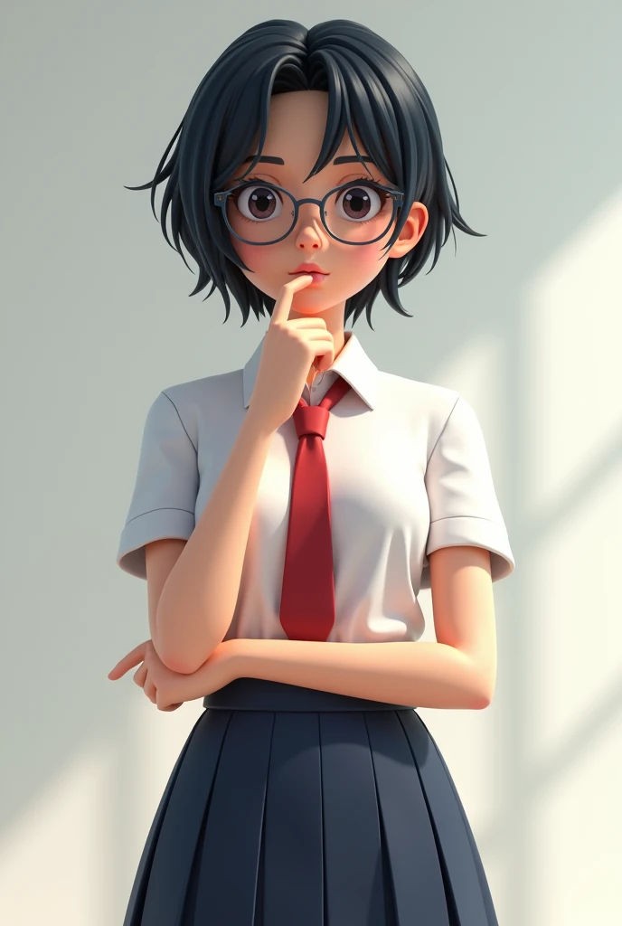 Girl with short black hair with glasses and school clothes in 3D