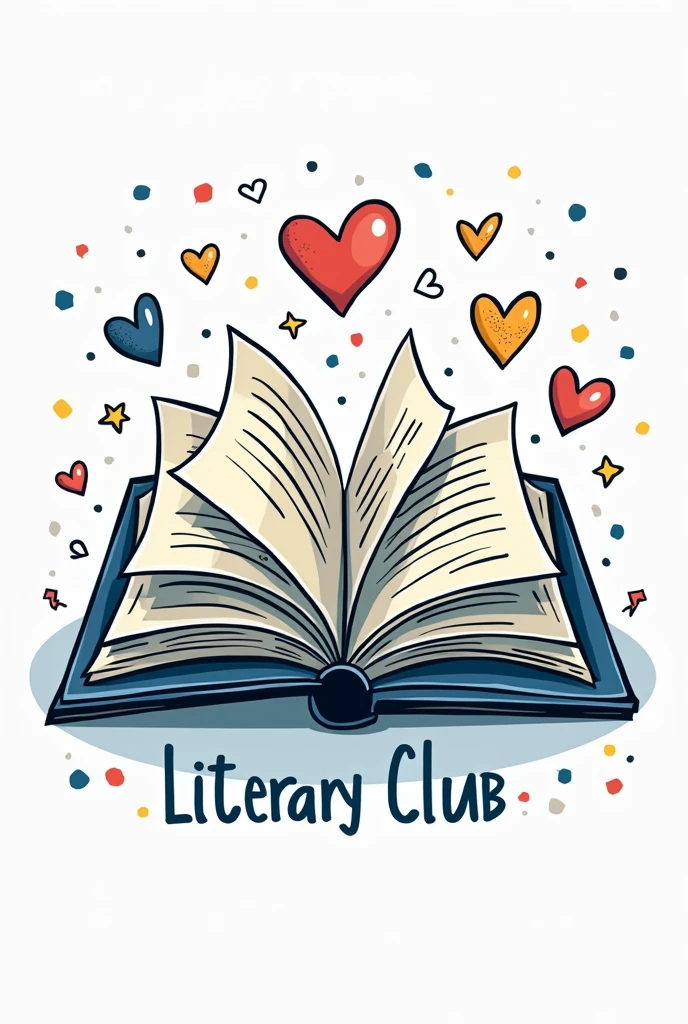 make an icon for a literature club with a navy blue book in the middle open and decoration on the cartoon book, put Discovering the world through books in the image