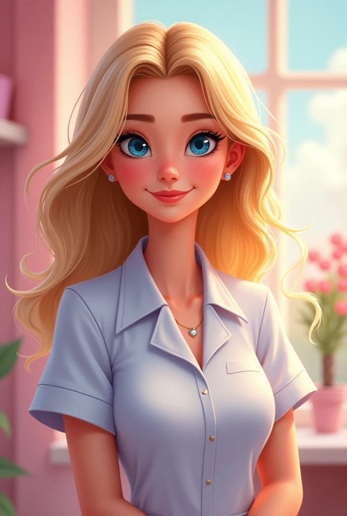 A blonde woman with blue eyes,length hair, work clothes as a beautician, Disney art.