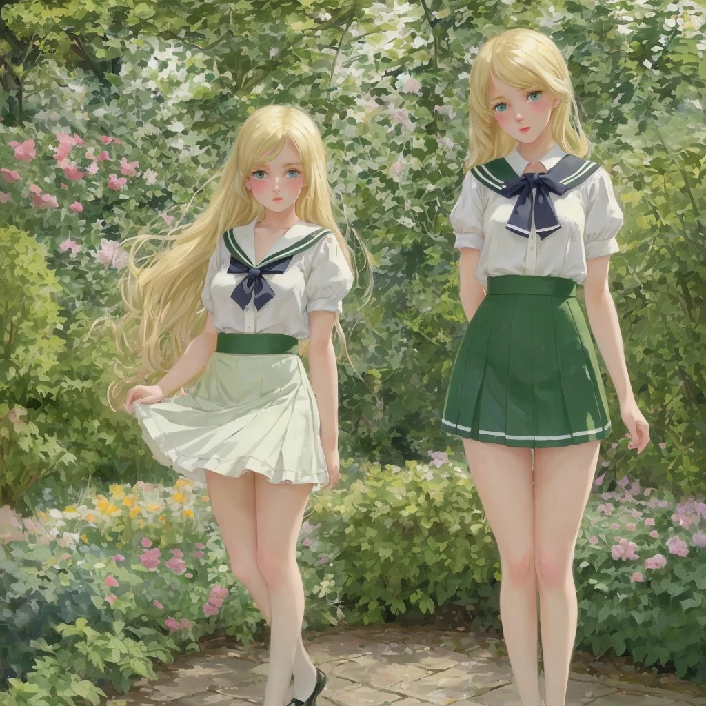 7 girls, long hair, Big , Blushing, blond, Green-eyed sailor suit short skirt 1933 style cute and beautiful girl 18 years old in the garden beautiful long legs high resolution, best quality, masterpiece, Lift skirt mini skirt take off clothes