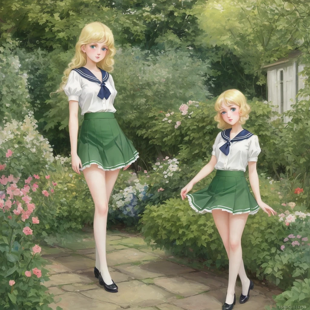 7 girls, long hair, Big , Blushing, blond, Green-eyed sailor suit short skirt 1933 style cute and beautiful girl 18 years old in the garden beautiful long legs high resolution, best quality, masterpiece, Lift skirt mini skirt take off clothes